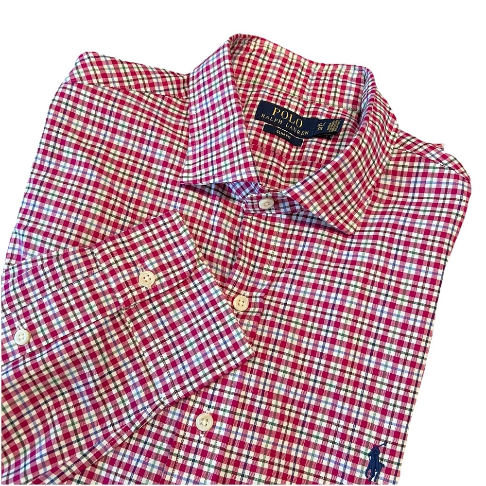 Polo Ralph‎ Lauren Men's XL/TG Dark Pink Plaid Slim Fit Long Sleeve Blue Pony